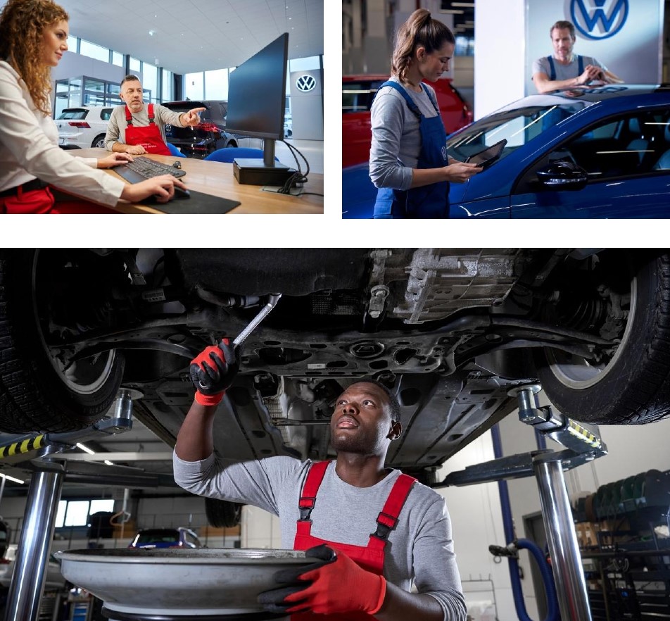 Mecánicos de Volkswagen revisando coches